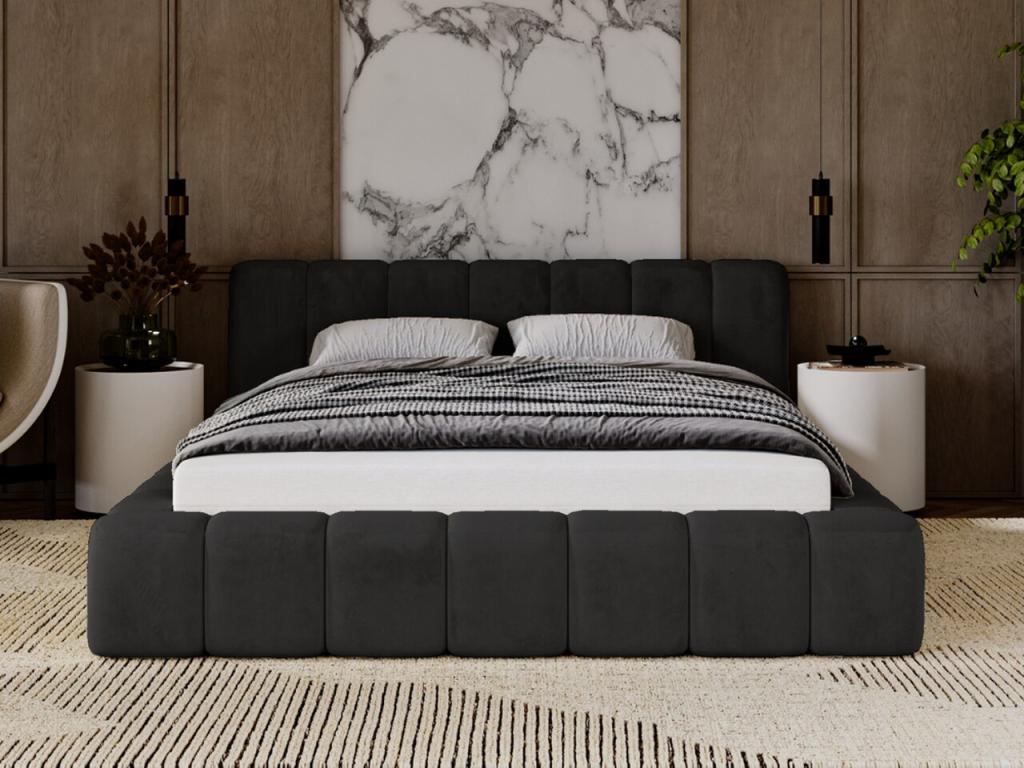 Struttura letto in velluto nero con contenitore, 160 x 200 cm